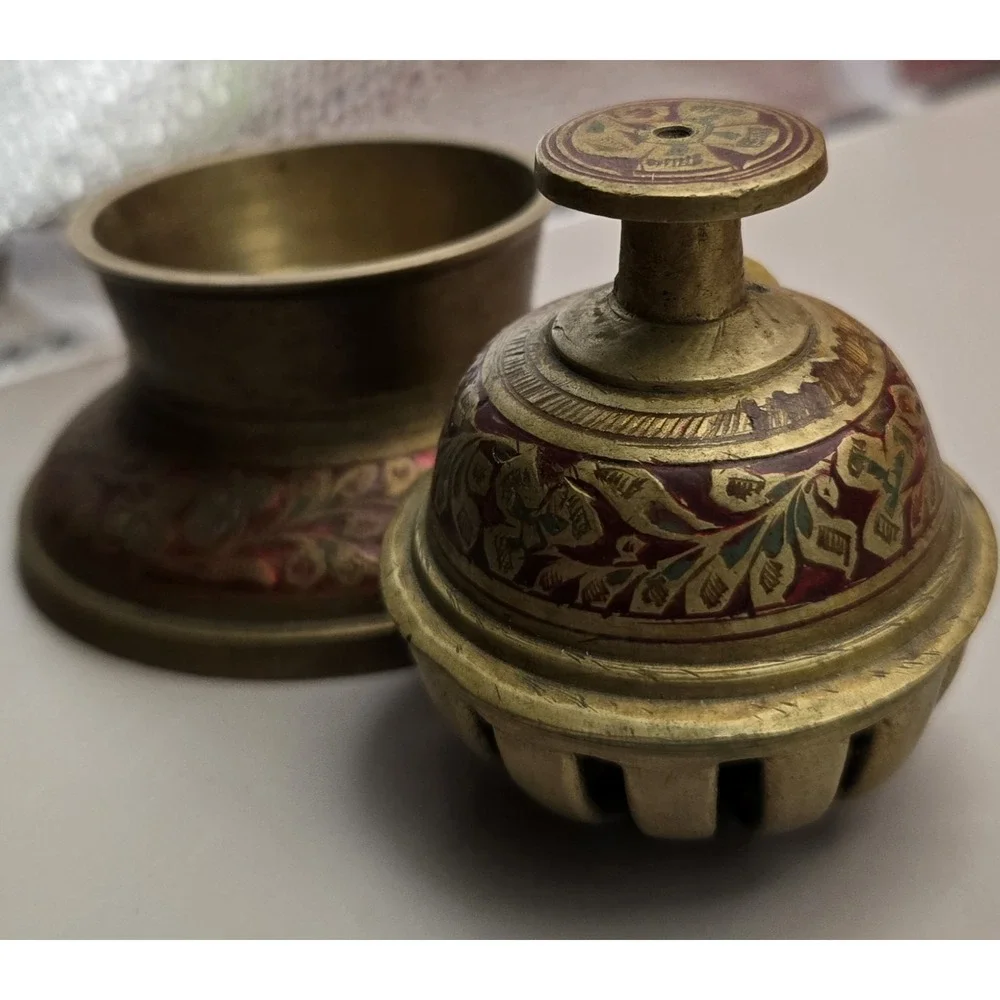 1940s Solid Brass Elephant Claw Bell Red & Green Inlayed Floral Pattern 2 Pieces